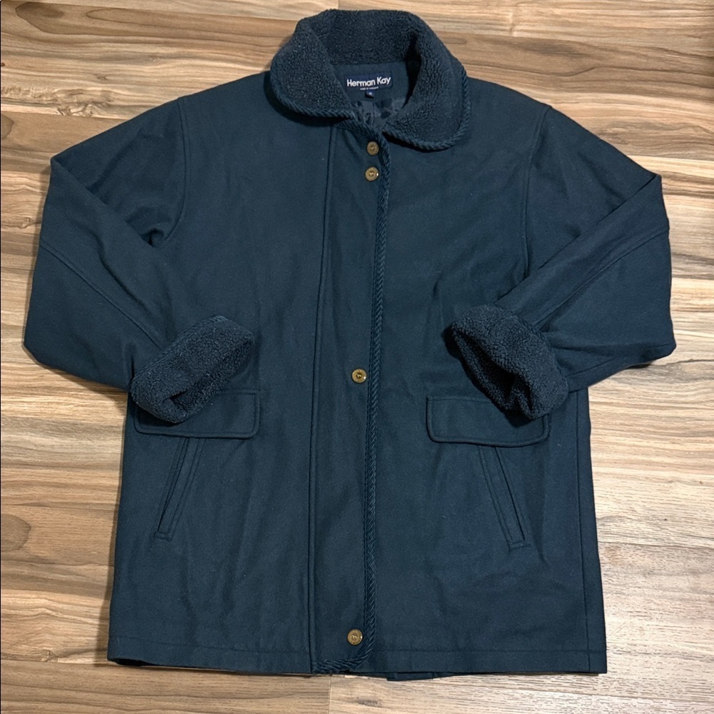 Herman Kay Coat Womens 16 Wool Teal Pea Coat Metal Button Made In USA